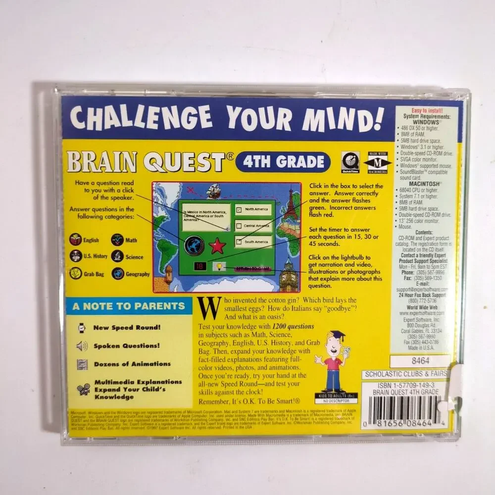 Brain Quest Multimedia 4th Grade PC Mac CD-ROM Video Game Educational Trivia